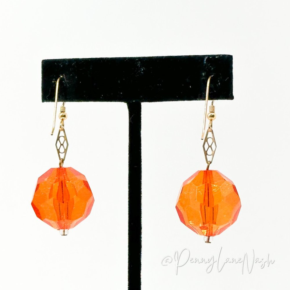 Vintage Single Sphere Orange Bead Dangle Hook Earrings - Picture 6 of 8